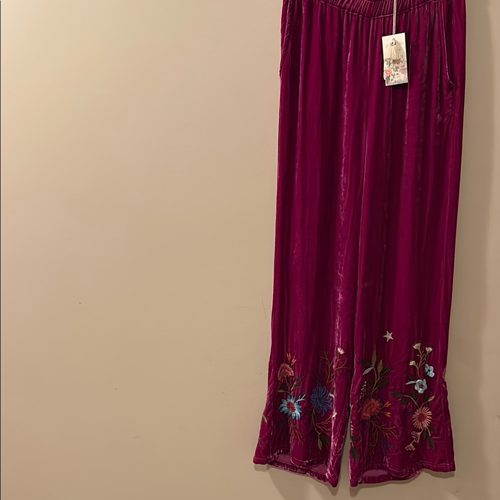 NWT, Johnny Was Floral Embroidered wide leg Magenta Pants